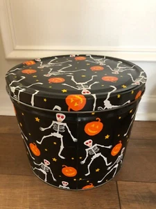 Vintaged Halloween Skeleton Jack O Lantern Pumpkin Popcorn Factory Tin Container - Picture 1 of 2