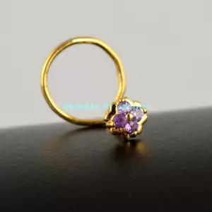 14K Yellow Gold Round Cut Natural Purple Amethyst Flower Nose Ring Jewelry - Picture 1 of 4