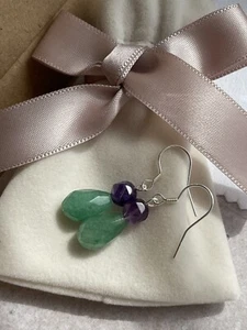 Solid 925 Sterling Silver Aventurine Amethyst Hook Drop Earrings - Picture 1 of 9