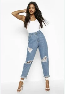 NWT boohoo High Waisted Extreme Distressed Ripped Mom Jeans Women’s Size US 6 - Picture 1 of 9