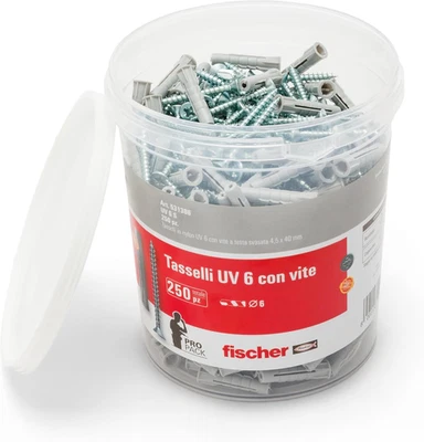 UV 6 S, Secchiello Con 250 Tasselli Con Vite, Misura 6 X 30 Mm, 250 Tasselli + 2 - Immagine 1 di 4