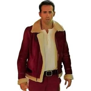 Men's Red Suede Leather Bomber Fur Jacket Ryan Reynolds Christmas Movie Jacket - Picture 1 of 5