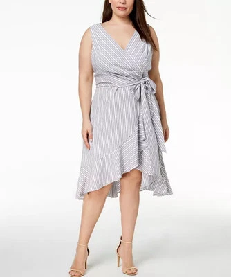 Calvin Klein Women’s Midi Faux Wrap Dress Womens 14 Blue White Stripe Ruffle - Image 1 of 4