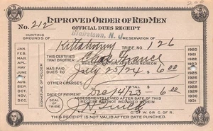 Verbesserter Orden Roter Männer Kittahomny Stammesgebühren Quittung Blairstown NJ 1924 - Bild 1 von 2