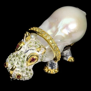 925 Sterling Silver Pendant Round Peridot Rhodolite Pearl Gemstone Hippo Jewelry - Picture 1 of 13