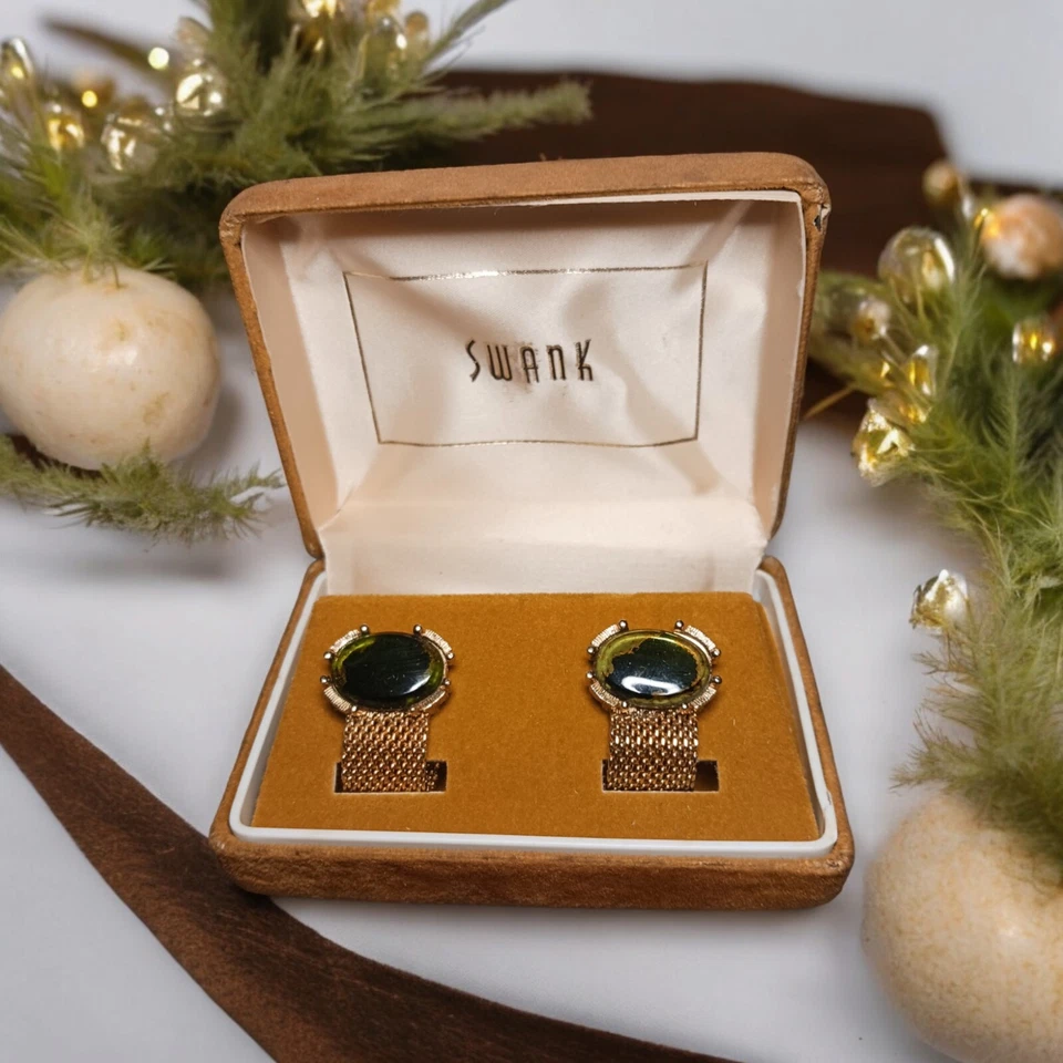 Gemelos Swank Vintage Vidrio Verde Esmeralda Tono Dorado Foto 1 de 4