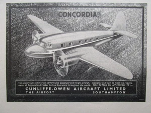 5/1946 PUB CUNLIFFE-OWEN AIRCRAFT LIMITED CONCORDIA AIRLINER ORIGINAL AD - Picture 1 of 1