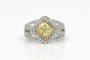 Diamond Engagement Ring Cushion Cut 2.09 CTW Natural Fancy Yellow 18k White Gold