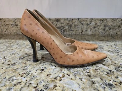 Walter Steiger Tan Ostrich Leather Heels Pointed Toe Size 6.5 Made In Italy - Image 1 of 4