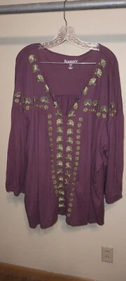 Roamans Embroidered Wine Red Boho Loose Fit Top Women's 3x Gypsy #P220 - Image 1 of 3