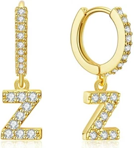 Initial Earrings Letter Z, Hoop Letter Huggie Earrings Gold Pleated-Zirconias - Picture 1 of 4