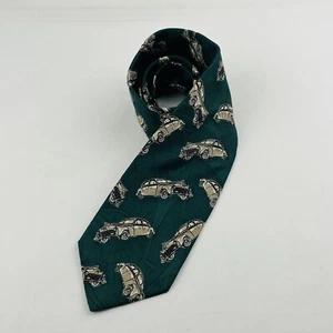Lands' End Vintage Classic Car Necktie Green Silk 3.5"x60" USA Made - Picture 1 of 6