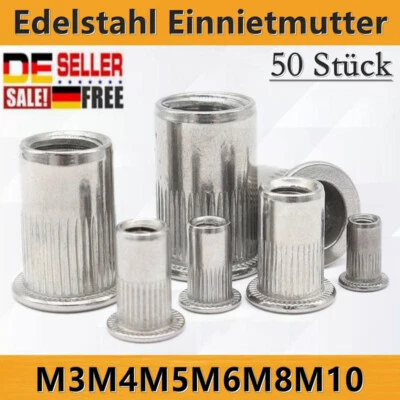 Edelstahl Einnietmutter 50 Stück M3-M10 Flachkopf Einziehmutter Nietmutter Set - Bild 1 von 4