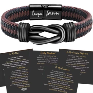 Mens PU Leather Bracelets Bangle Wristband & Gift Card for Dad Daddy Husband Man - Picture 1 of 45