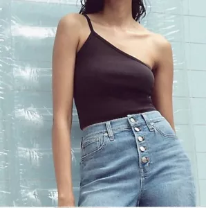 Madewell One-Shoulder Crop Tank Top Ribbed Black Sleekhold Women’s Size XXS NWT - Picture 1 of 10
