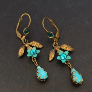 Michal Negrin Earrings Dainty Turquoise Blue Shabby Romantic Crystals Rustic VTG - Picture 1 of 12