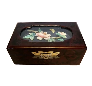 Joyero Laca Asiática Madreperla Flores Bajo Vidrio Diorama 8" x 6.5" - Imagen 1 de 8