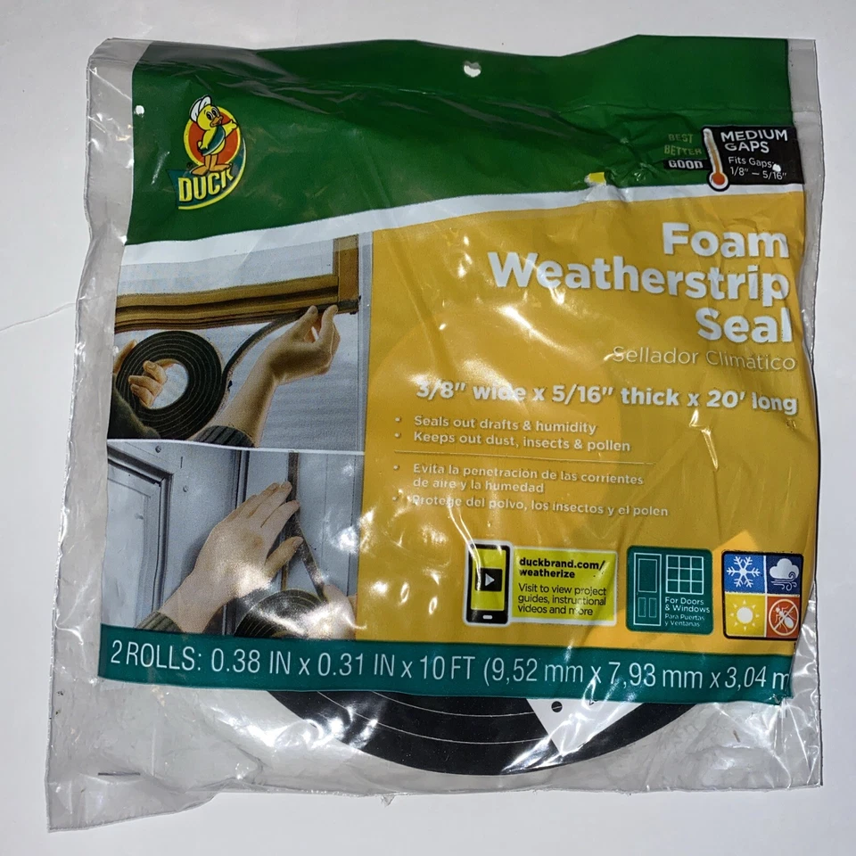 DUCK Self Adhesive Foam Weatherstrip Seal Medium Gaps,  2 Rolls 3/8"x5/16 x10'  - Image 1 of 4
