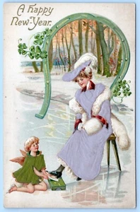 Postcard New Year Child Angel Shining Shoes Felt Dress, Horse Shoe Ice Skating - Picture 1 of 2