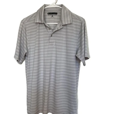 Мужская рубашка-поло для гольфа Pebble Beach в серую и белую полоску Dry-Luxe Performance - Изображение 1 из 4