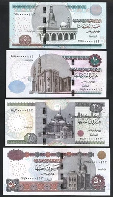 Egypt 4 Pcs UNC Set, 5 10 20 50 Pounds 2016 2017 2018 Low Matching Serial Number - Image 1 of 4