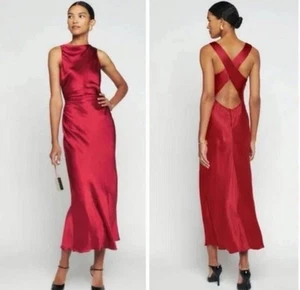 NWT Reformation Cassette Silk Dress Size 12 Sangre Red Open Back Maxi Gown - Picture 1 of 8