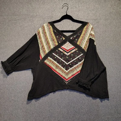 Free People Boho Patchwork Print V Neck Blouse Black Prairie Days Womens Lrg - Image 1 of 4