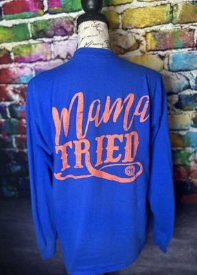 “Mama Tried” Blue & Peach M Women’s 100% Cotton Long-sleeve Tshirt - Image 1 of 4