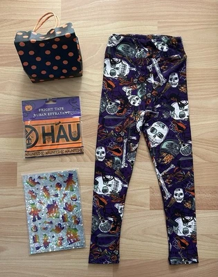 LuLaRoe S/M Kids Halloween Leggings Purple Skulls Bones Potions Read Description - Image 1 of 4