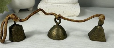 Vintage Brass 3 Bells On Rope Etches Made in India Primitive Holiday Country - Image 1 of 4