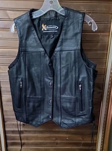 Xelement schwarze Leder Motorrad Biker Druckknopf Schnürweste Large  - Bild 1 von 8