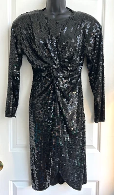 Винтажное коктейльное платье Oleg Cassini черное с блестками 1980-е (винтажный размер 6) б/у в отличном состоянии - Изображение 1 из 4