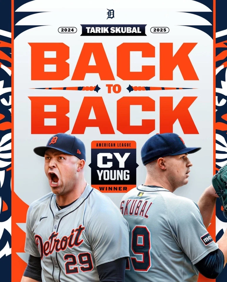 8x10 Photo TARIK SKUBAL Detroit Tigers 2024/2025 Cy Young Pitcher back to back - Image 1 of 1