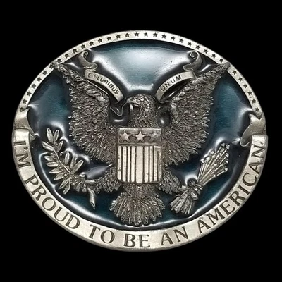 Vintage Belt Buckle Pewter 1981 I'm Proud To Be An American E Pluribus Unum USA - Image 1 of 4