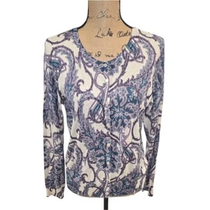 Talbots Purple and Blue Paisley Button Cardigan Sweater Silk Size Large Petite - Picture 1 of 7