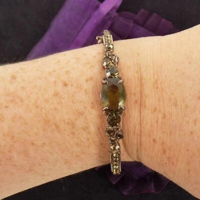 Vintage Givenchy Bracelet Bangle Green Crystal gun metal Tone Locking Lady - Image 1 of 4