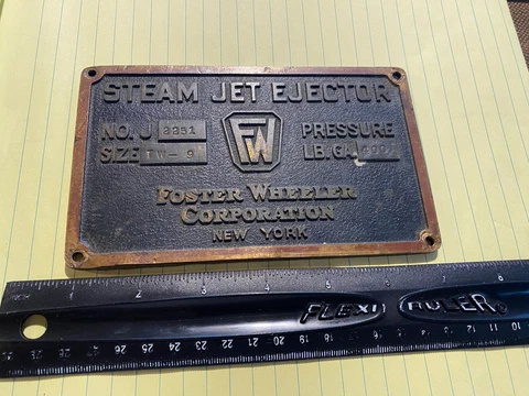 VINTAGE FOSTER WHEELER CORPORATION NEW YORK - STEAM JET EJECTOR BRONZE PLAQUE Cover