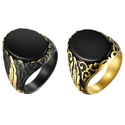 Anillo de pluma de ágata negra de acero inoxidable punk para hombre banda de ala angular #9-11 Foto 1 de 4