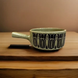 Vintage Mid Century Griff Suppenschüssel grün schwarz Tulpen Steinzeug JAPAN - Bild 1 von 6