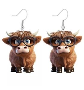 NEW & SEALED Highland Cow Flat Acrylic Silver Plated Hook Dangle Drop Earrings