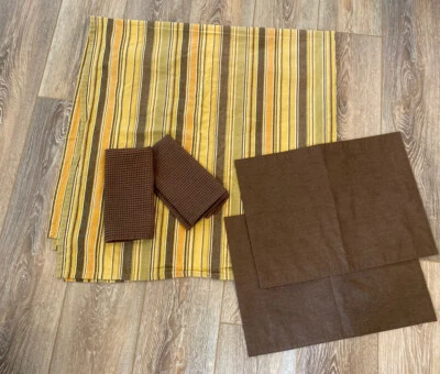 Set Of Tablecloth W/ 2 Placemats & 2 Cloth Napkins Brown Neutral Striped Cotton - Image 1 of 4