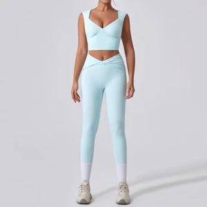 Alpha 2 Stück Sport BH und Leggings Yoga Sets für Damen, Outfits V-Ausschnitt Crop T - Bild 1 von 20