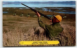 Postcard Greetings from Gretna Nebraska NE Hunting Shotgun Geese PM 1952 - Picture 1 of 2