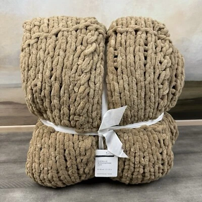 Pottery Barn Chenille Windowpane Throw Blanket 50”x60” Camel Tan NWT - Image 1 of 4