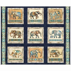 Patchwork Quilting Sewing Fabric Kindred Elephants 9 Panel 93x110cm - Foto 1 di 3