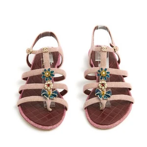 Chanel Sandales Rose EU38 Pink Tweed Jewelled Sandals flats US8 - Photo 1/6