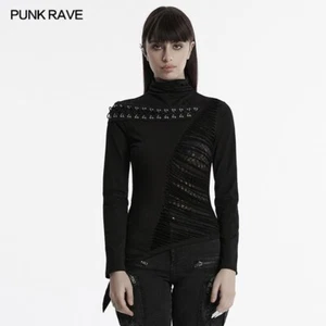 Punk Rave Women Black Gothic Punk Decadent Burnt Asymmetric T-Shirt Slim Tops - Picture 1 of 20