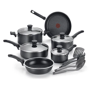Cook & Strain Nonstick Cookware Set 14 Piece Set Black Dishwasher Safe Kitchen - Picture 1 of 12
