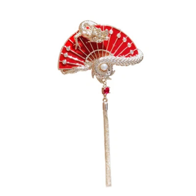1x Women Chinese Style Red Brooch Tassel Fan Dragon Pattern Brooch Clothes Decor - Image 1 of 4