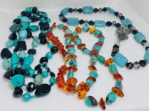 3 Collares Turquesa Cristales Ámbar Plata de Ley Chapados en Oro Plata - Imagen 1 de 10